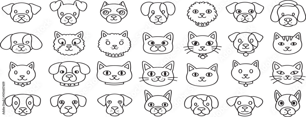 Funny pets, dogs and cats, vector illustration in trendy flat simple linear style, funny mascot and cartoon character, friendly sticker and badge Funny pets, dogs and cats, vector illustration in trendy flat simple linear style, funny mascot and cartoon character, friendly sticker and badge