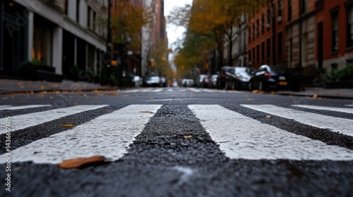 City street, perspective, pedestrian crossing, autumnal scene