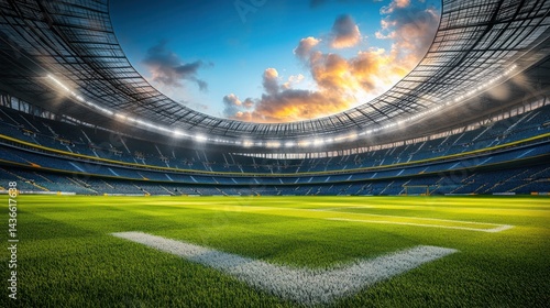 Vibrant Sports Stadium with Green Field and Dramatic Sky View