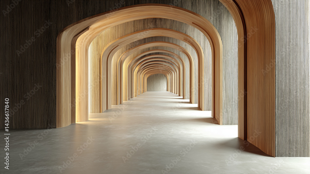 Naklejka premium Long corridor with wooden arches and gray walls, creating a perspective and spacious feel, showcasing architectural design, ideal for interior design or architectural visualization