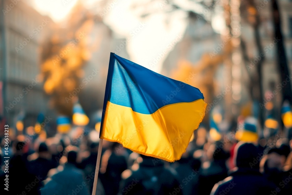 A vibrant Ukrainian flag waves proudly in the foreground. This image captures the essence of unity and pride. It reflects hope and resilience. Perfect for patriotic themes. AI.