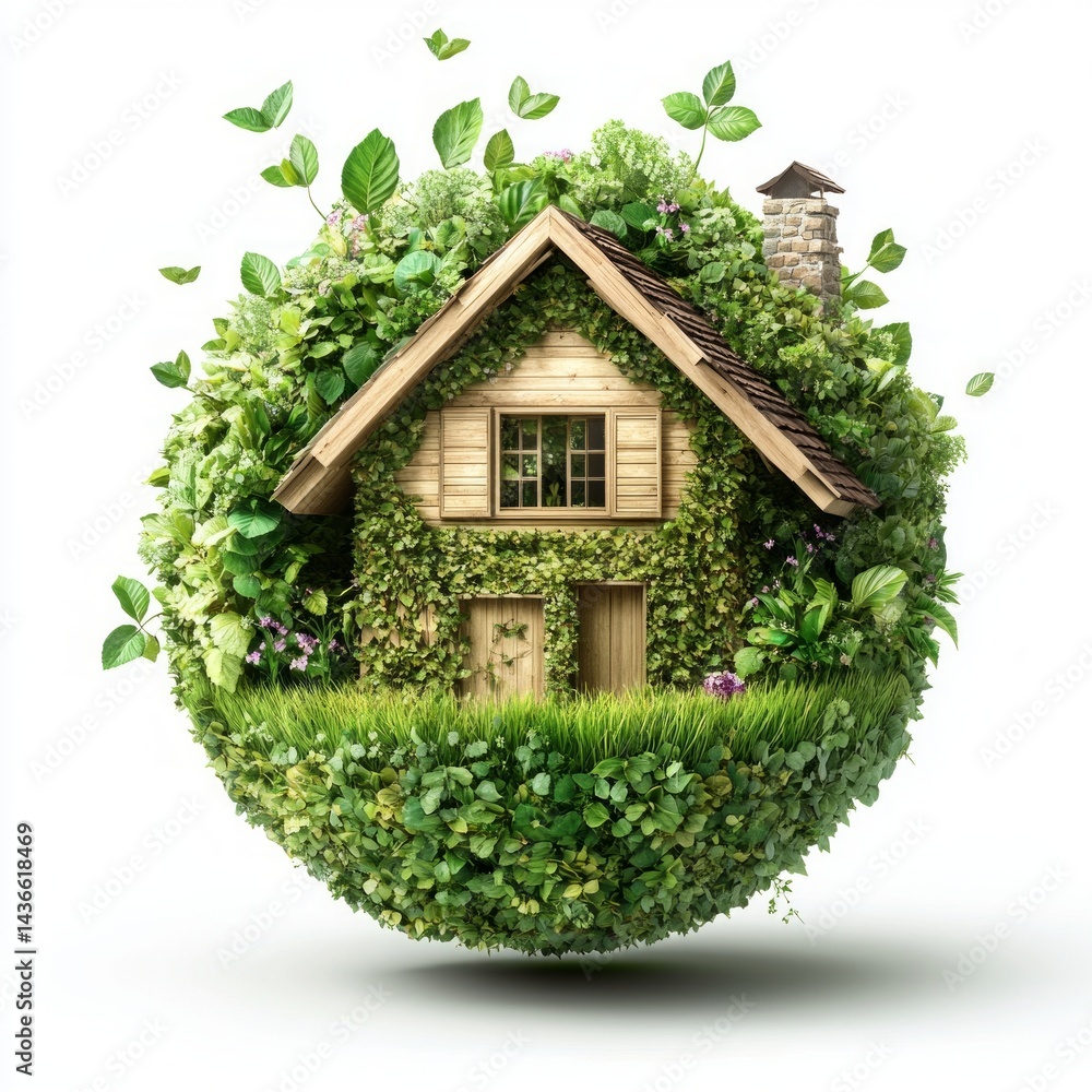 Green energy sphere, house, leaves, white. background