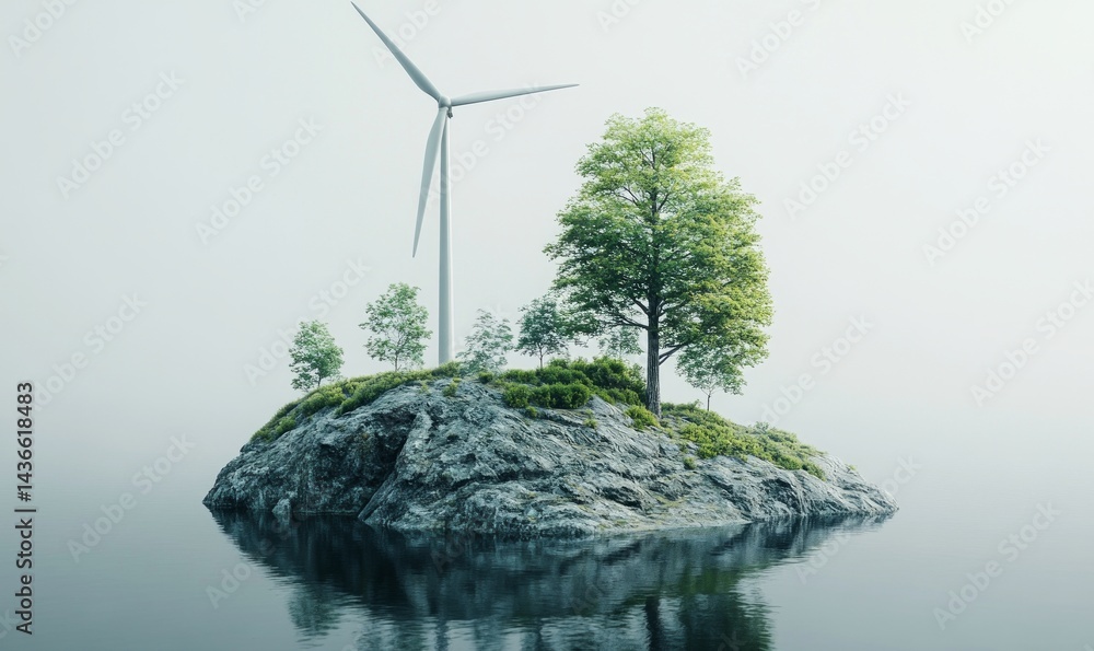 Green energy: turbine, trees, island.