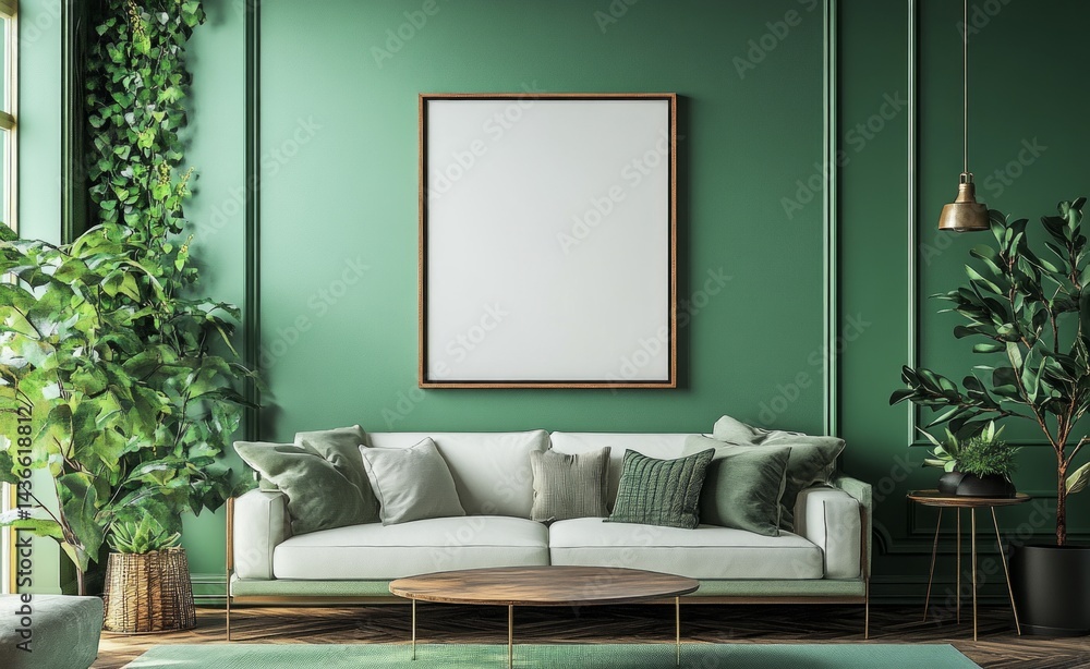 High-definition mockup: frame, sofa, green plant.