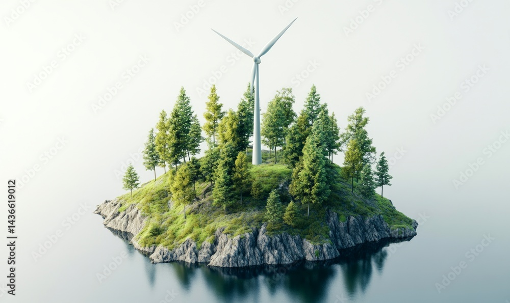 Isolated island, grey background, turbine.