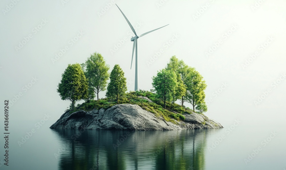 Isolated island, wind turbine, soft light.