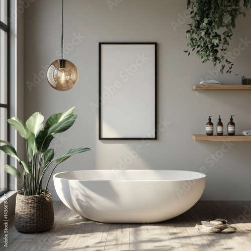 Minimalist bathroom, black framed poster art.