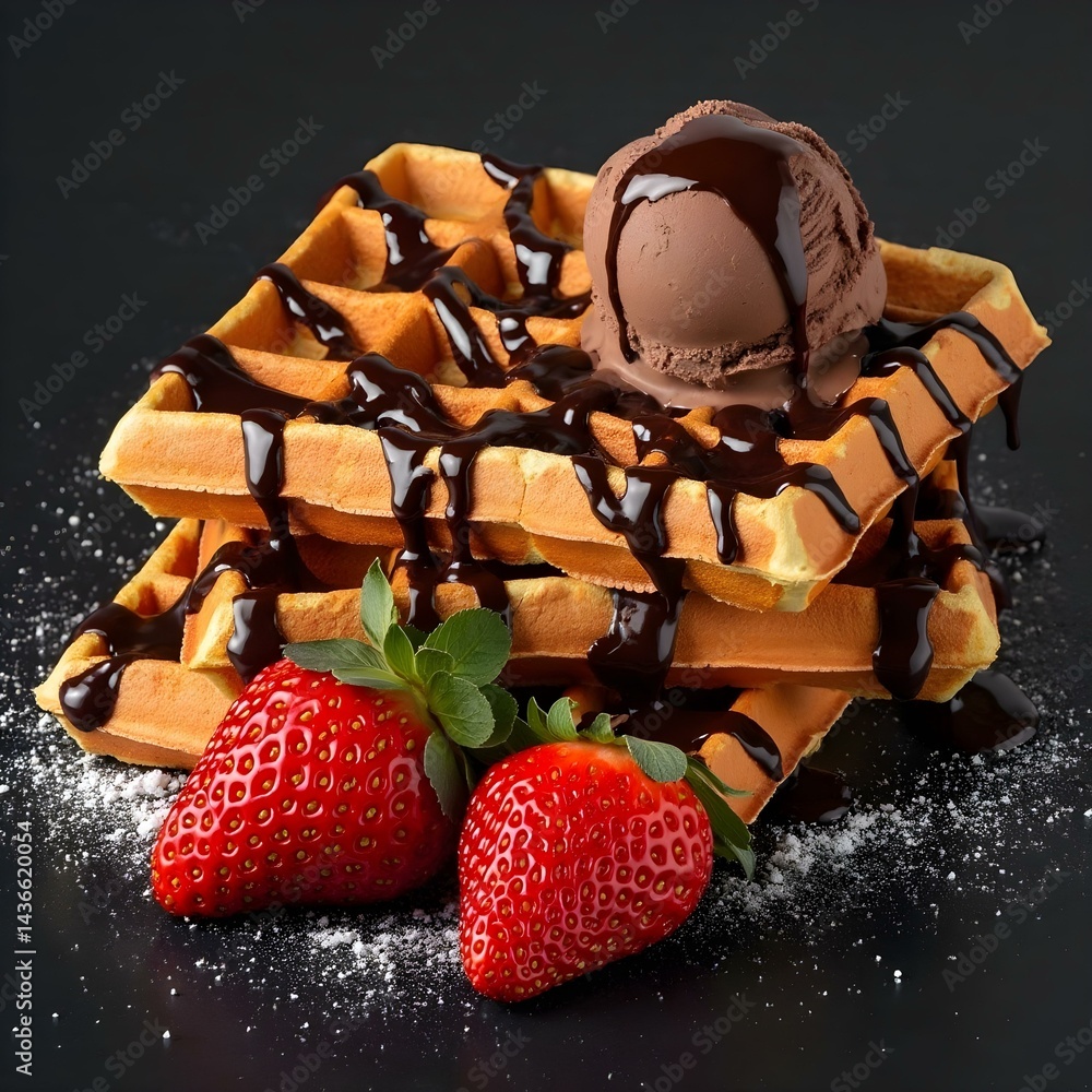 Stack of waffles with chocolate syrup, a scoop of chocolate ice cream, and two strawberries on a black background