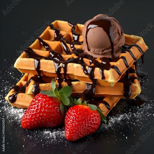 Obraz na płótnie Stack of waffles with chocolate syrup, a scoop of chocolate ice cream, and two strawberries on a black background w salonie