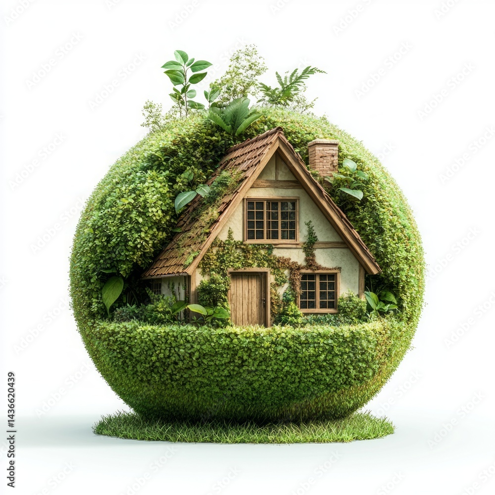 Photorealistic green sphere, house, leaves.
