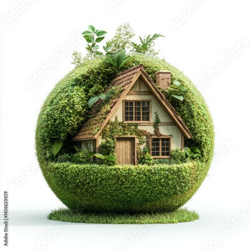 Obraz na płótnie Photorealistic green sphere, house, leaves. w salonie