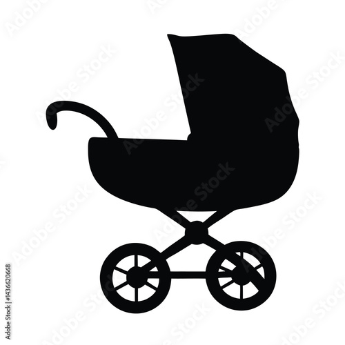 Simple black silhouette of a classic baby carriage with large wheels