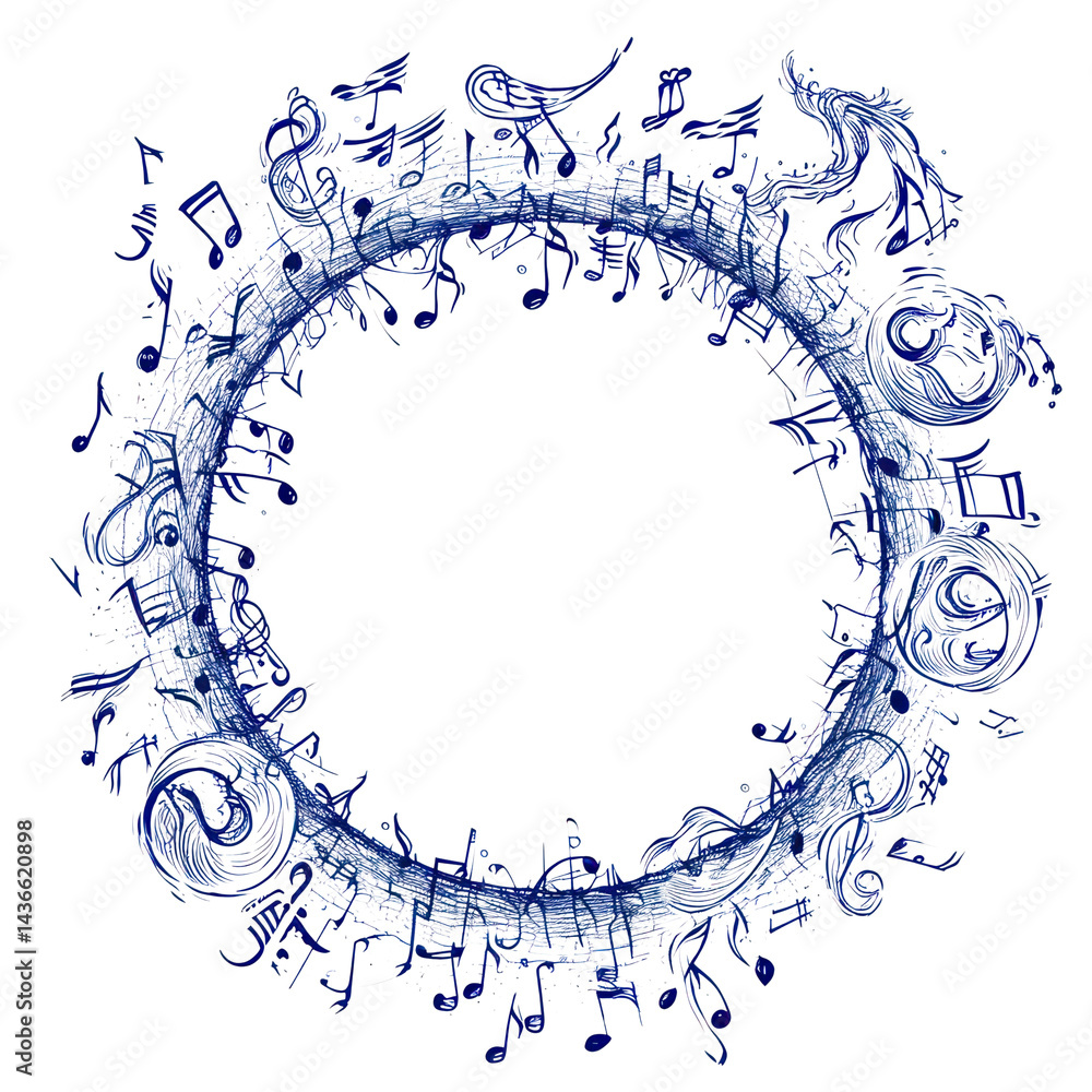 PNG Circle frame of music drawing sketch pattern.