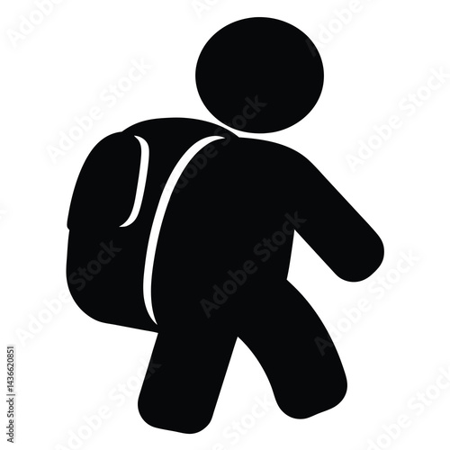 Black silhouette of a person walking with a backpack carrying luggage