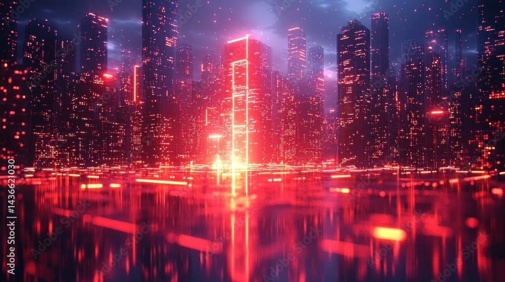 Fototapeta premium Futuristic Cityscape with Glowing Red and Yellow Lights Reflecting on Water