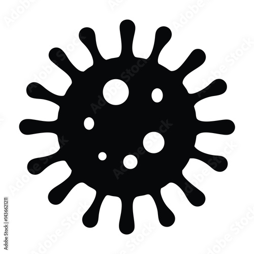 Simplified black and white coronavirus icon with spike proteins and internal structure