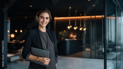Confident Young Professional Woman in Modern Black and Orange Office Holding Laptop and Smiling