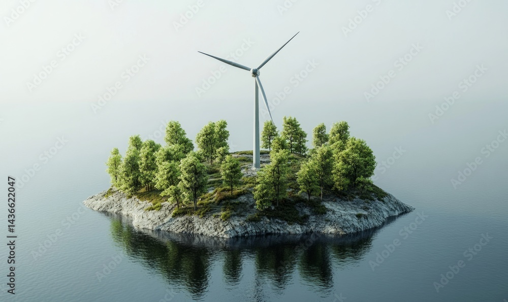 Wind turbine rendering, eco-friendly island.
