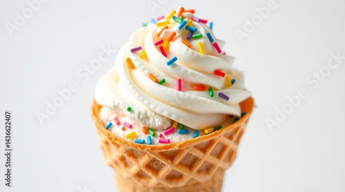 Close up of a waffle cone filled with vanilla soft serve ice cream and colorful sprinkles on top of it created with generated ai