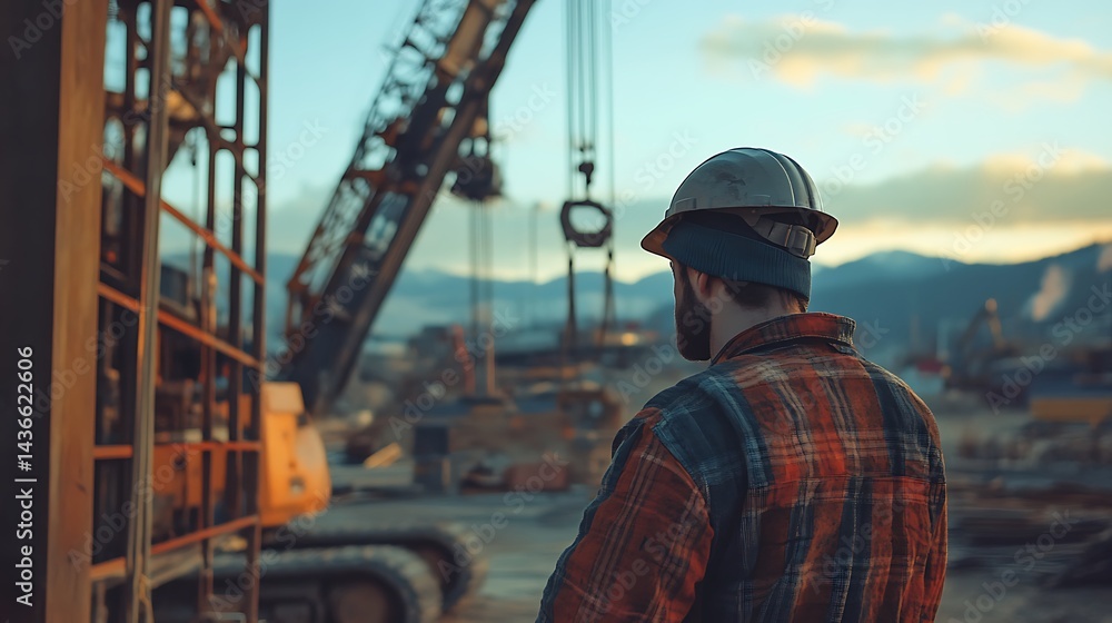 Construction Worker Overlooking Site at Sunset Construction Worker Overlooking Site at Sunset
