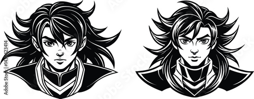 Vector illustration of fantasy hairstyles, inspired by anime and medieval heroes, bold outlines