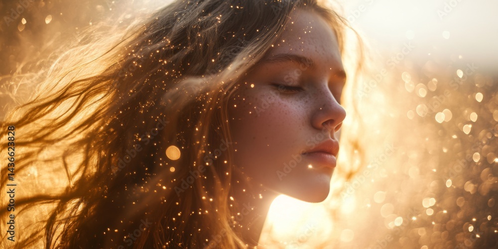 A serene portrait of a young woman with flowing hair illuminated by soft light. The image captures a moment of tranquility and beauty. Ideal for artistic or inspirational projects. AI
