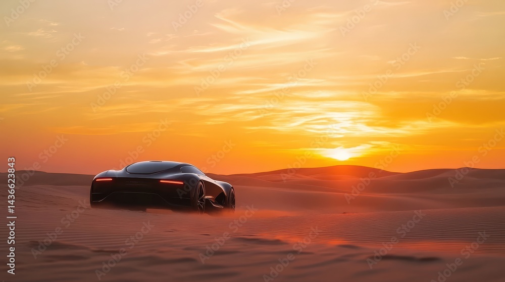 A sleek car driving through golden sands at sunset, capturing adventure and freedom in a stunning desert landscape. A sleek car driving through golden sands at sunset, capturing adventure and freedom in a stunning desert landscape.