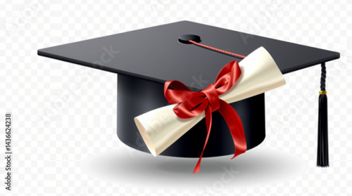 A graduation cap with a diploma tied with a red ribbon and a tassel on a transparent background created with generated ai