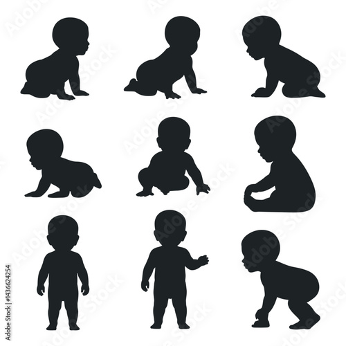 Baby Silhouette Collection Depicting Crawling Sitting And Standing Positions On White Background Ideal For Childcare And Parenting Themes