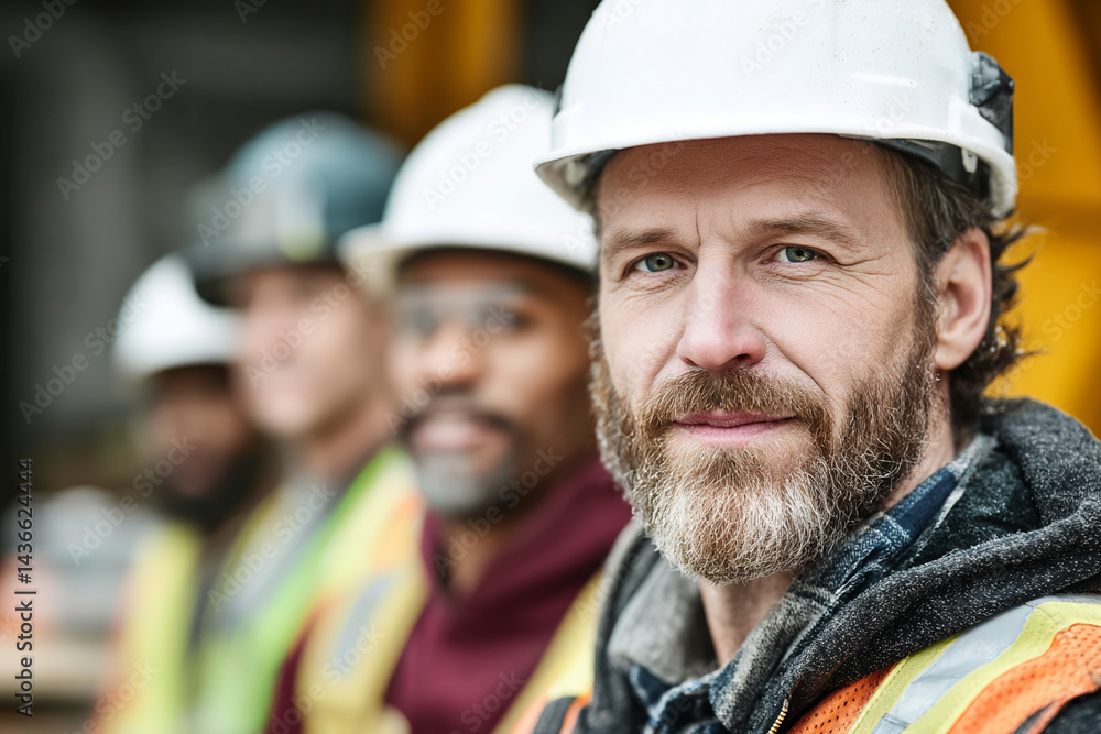 Close-up of a mature man, wearing a hard hat and safety vest, showcasing a serious expression He is part of a team of construction workers, representing dedication and teamwork in the industry Close-up of a mature man, wearing a hard hat and safety vest, showcasing a serious expression He is part of a team of construction workers, representing dedication and teamwork in the industry