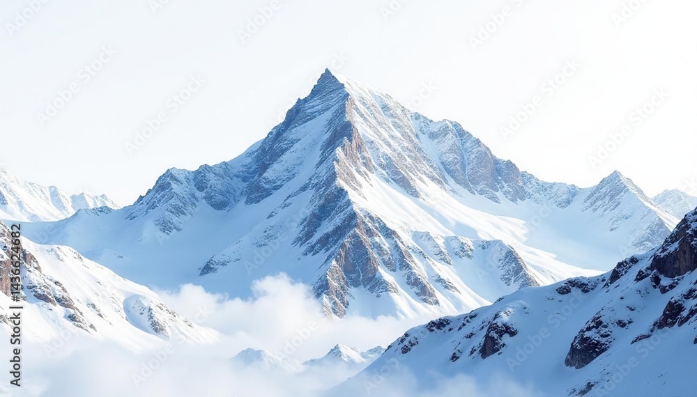 Obraz premium Snow-covered mountain peak, pristine white background, mountain, pure