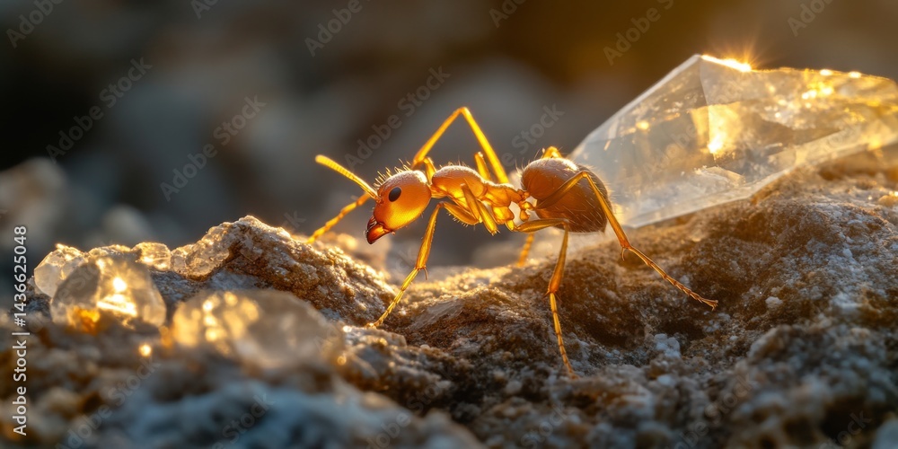 A tiny ant explores sparkling crystals in soft sunlight. The image captures the delicate beauty of nature in macro photography. Perfect for nature lovers and educational purposes. AI