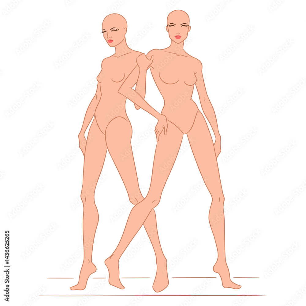 Fototapeta premium Vector illustration of two fashion models in stylish poses, wearing white lingerie. This fashion sketch is ideal for showcasing beauty, elegance, female form, and fashion design concepts.