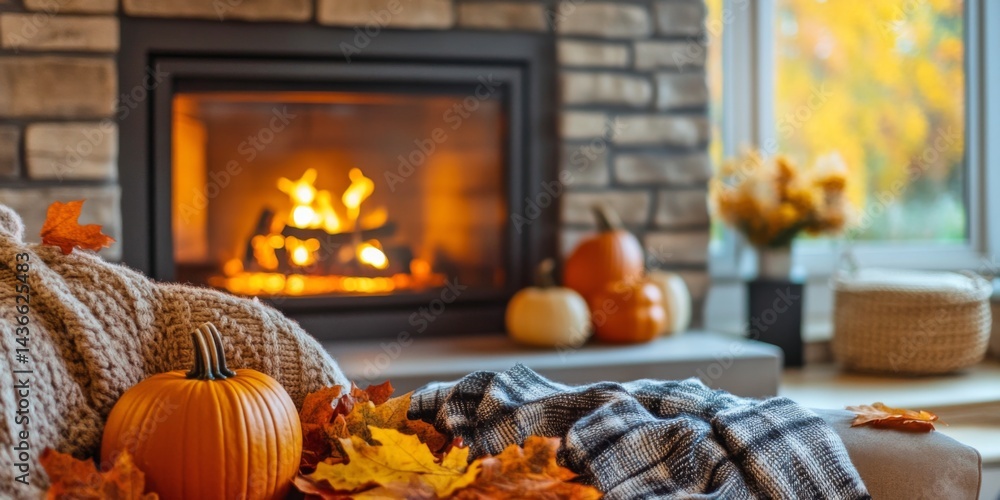 Cozy autumn scene featuring a warm fire in a stone fireplace. Bright pumpkins and leaves add seasonal charm. Perfect for fall decor inspiration and home warmth. AI