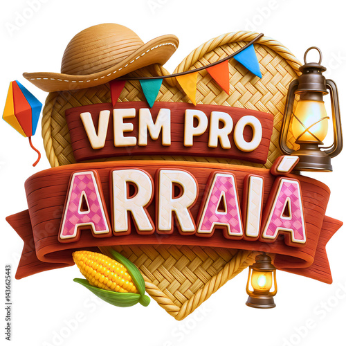 Selo Digital Vem pro Arraiá com Chapéu de Lampião e Decoração Típica