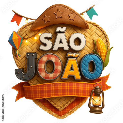 Selo 3D São João Festa Junina com Bandeirinhas, Balão e Chapéu Nordestino