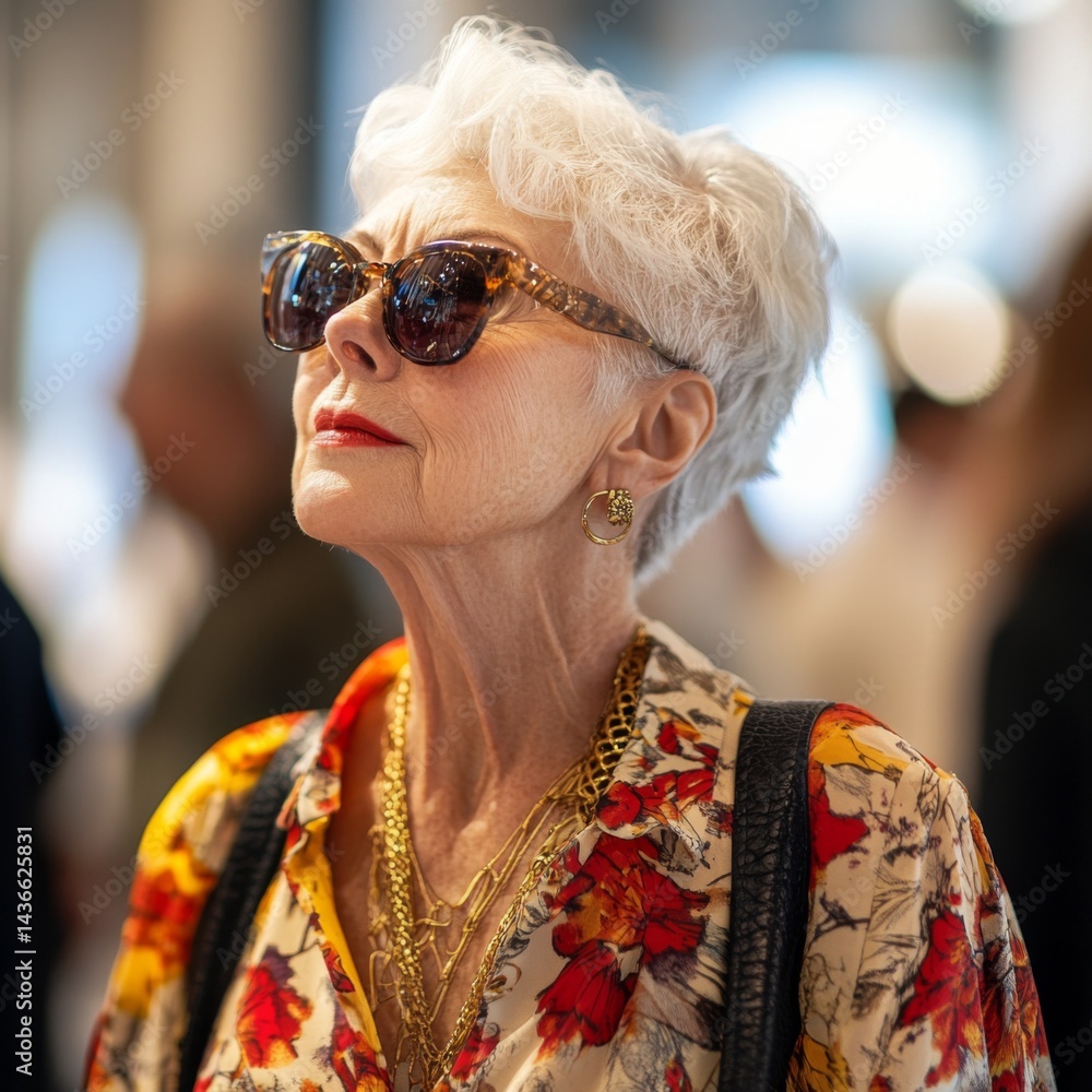 A stylish elderly woman with short white hair wearing fashionable sunglasses. She exudes confidence and grace in a vibrant floral shirt. Perfect for showcasing timeless fashion. AI