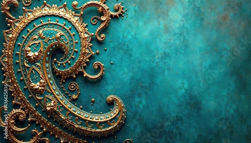 Intricate paisley pattern in teal and gold on textured background, home, art, background pattern
