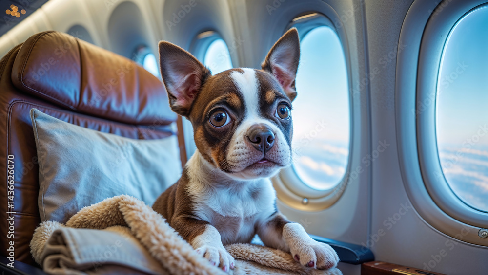 cute boston terrier puppy on plane near window