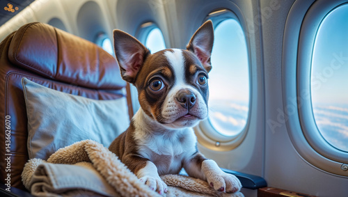 Obraz na płótnie cute boston terrier puppy on plane near window w salonie