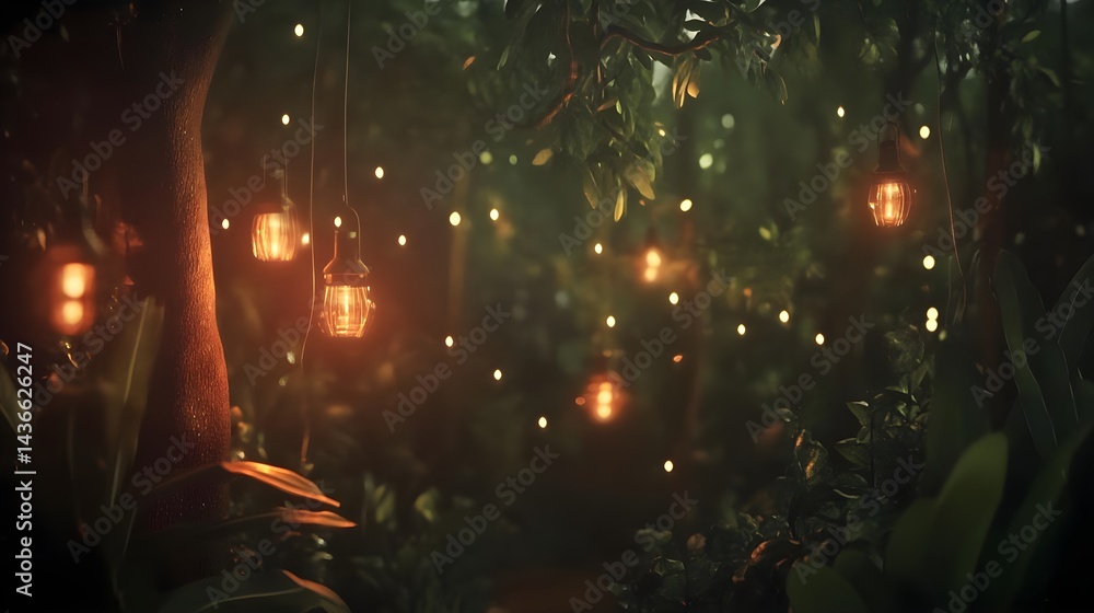 Obraz premium Enchanted Fairy Lights Illuminating Lush Greenery in Nature Scene