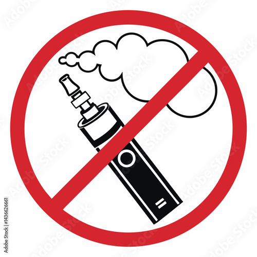 No e-cigarette use sign featuring electronic cigarette and vapor cloud in red circle