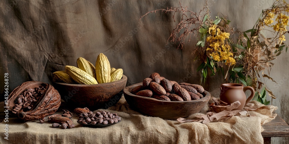 A beautiful arrangement of cocoa fruits and tubers on a rustic table. Earthy tones and gentle textures create a warm atmosphere. Perfect for food or nature-themed projects. AI