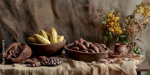 Obraz na płótnie A beautiful arrangement of cocoa fruits and tubers on a rustic table. Earthy tones and gentle textures create a warm atmosphere. Perfect for food or nature-themed projects. AI w salonie