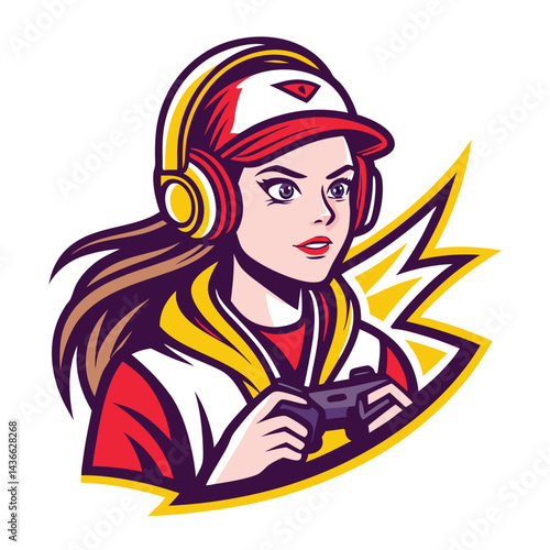 Female gamer with headphones and joystick