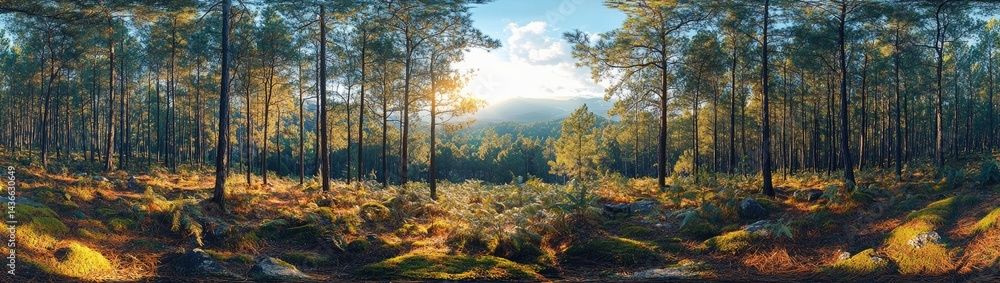 Sunlit forest scene of tall trees and undergrowth. Sunlit forest scene of tall trees and undergrowth.
