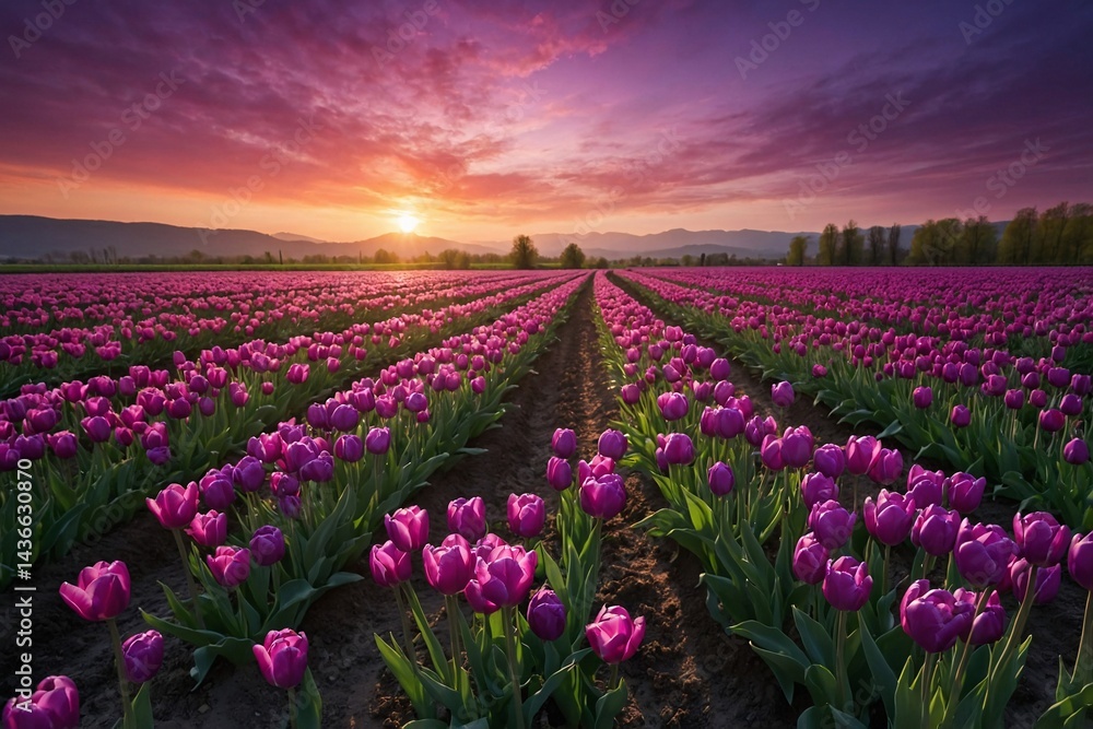 Obraz premium Tulip Flowers Field Landscape Wallpaper, Tulips Photography, Beautiful Tulips Landscape Scenery, Nature Landscape, Colorful Tulips Field Background, Spring Tulip Garden Landscape
