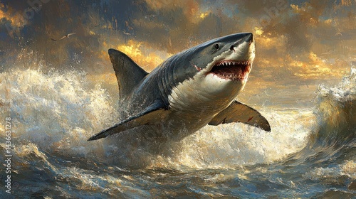 Powerful Great White Shark Leaping Through Waves