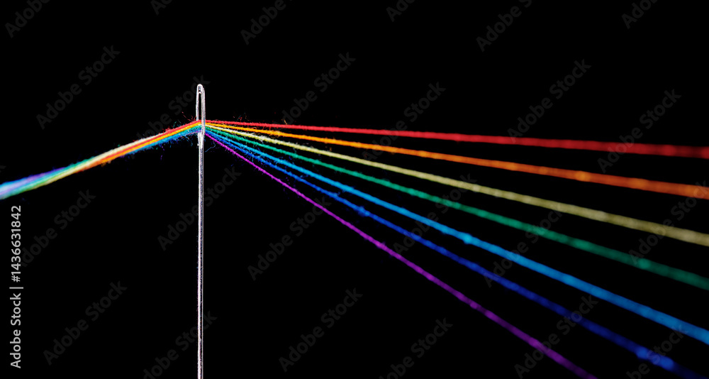 multi-colored threads for sewing in the form of a rainbow pass through an antique needle on a black background