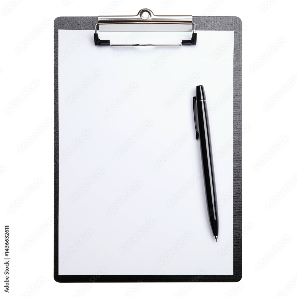Clipboard with blank white sheet and black pen isolated on transparent background, office and business stationery concept Clipboard with blank white sheet and black pen isolated on transparent background, office and business stationery concept